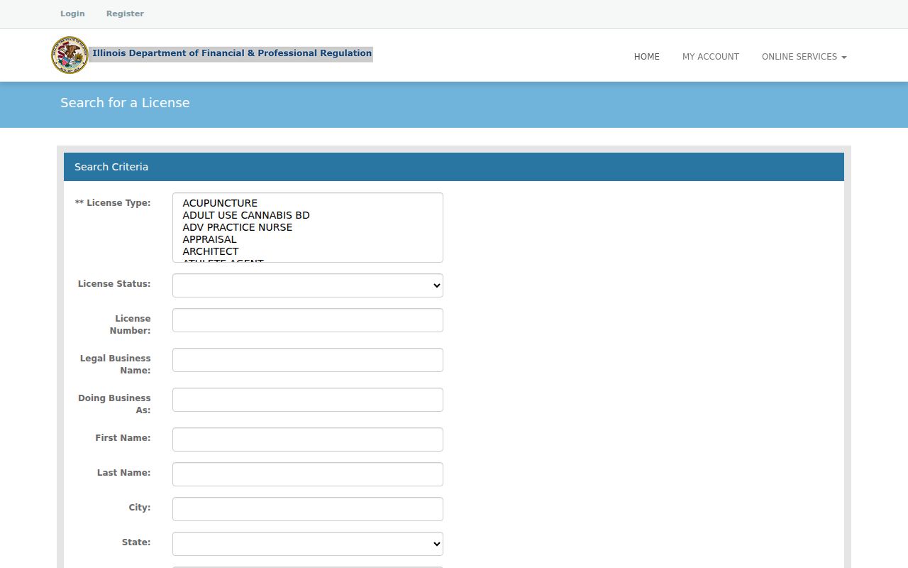 Loves Park resident lookup Illinois professional license search